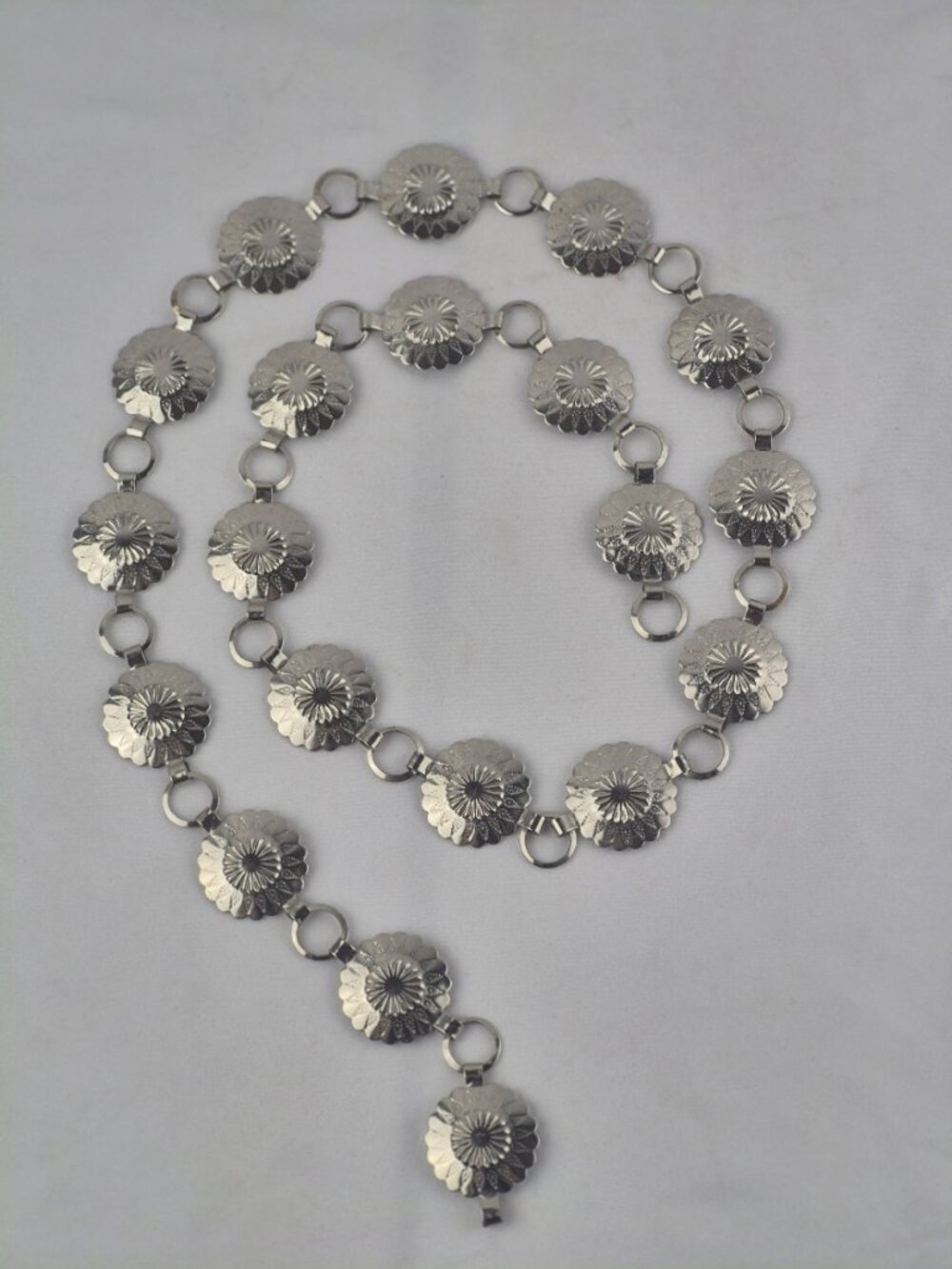 Etched Floral Round Silver Tone Concho Chain Belt Hip Belt Western Cowgirl Boho